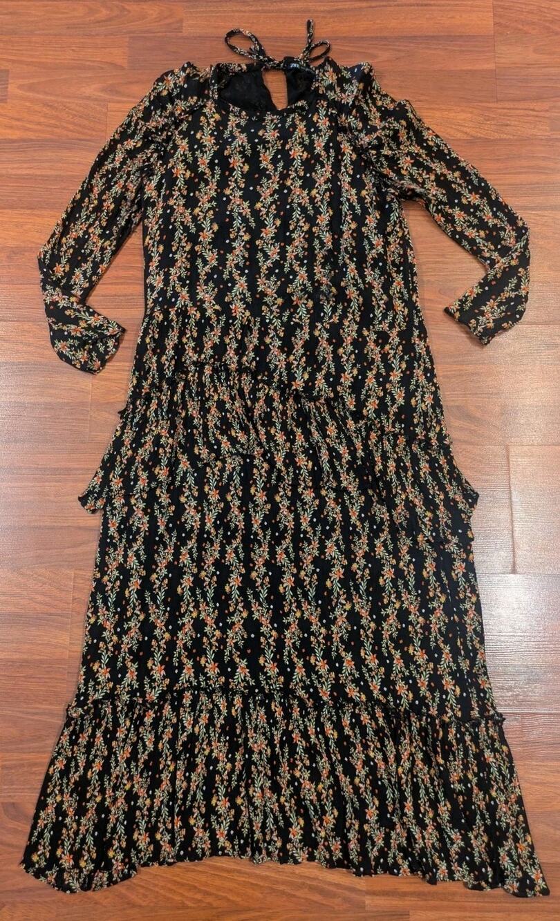 Y2K Zara Womens L Black Floral Crinkle Chiffon Maxi Dress Tiered Boho